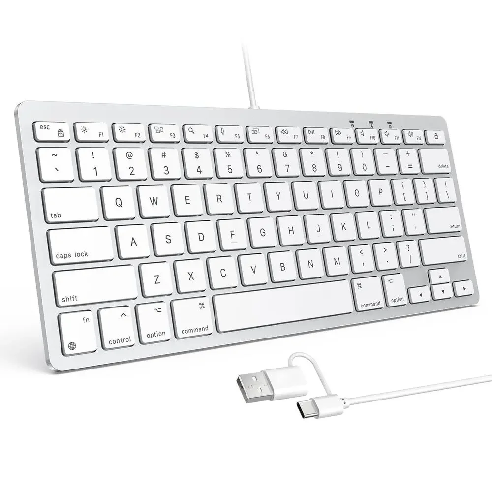 OMOTON Wired Keyboard KB004-A USB C A Compact Slim Layout White Silver